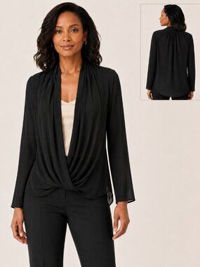 Marciano Black Draped Plunge Neck High-Low Blouse Size Small